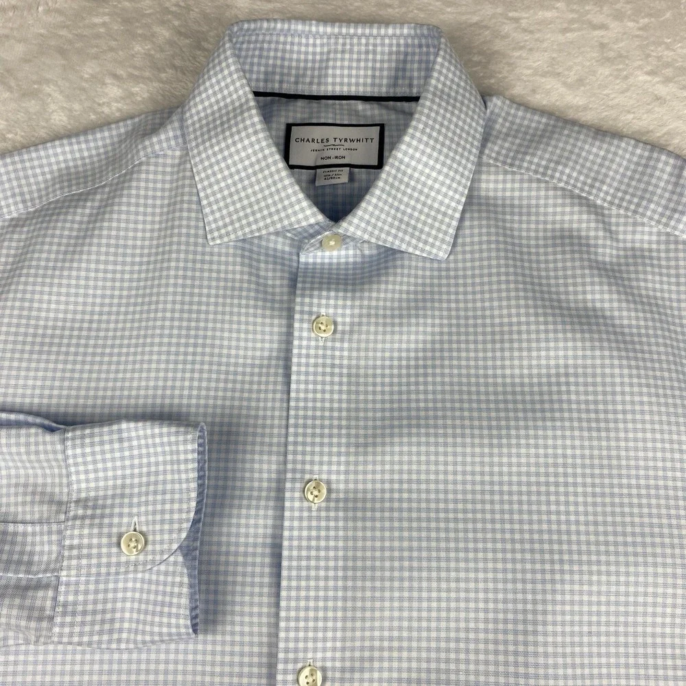 Charles Tyrwhitt Dress Shirt Mens 16.5-35 Blue/White Checks Classic Fit No Iron